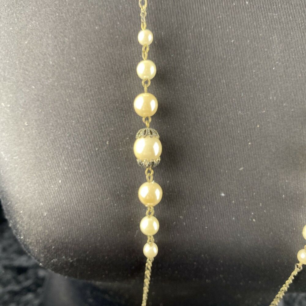 Vintage Flapper 20s Style Lariat Open 56 in Chain Faux Pearl Necklace Tassel - Picture 2 of 8